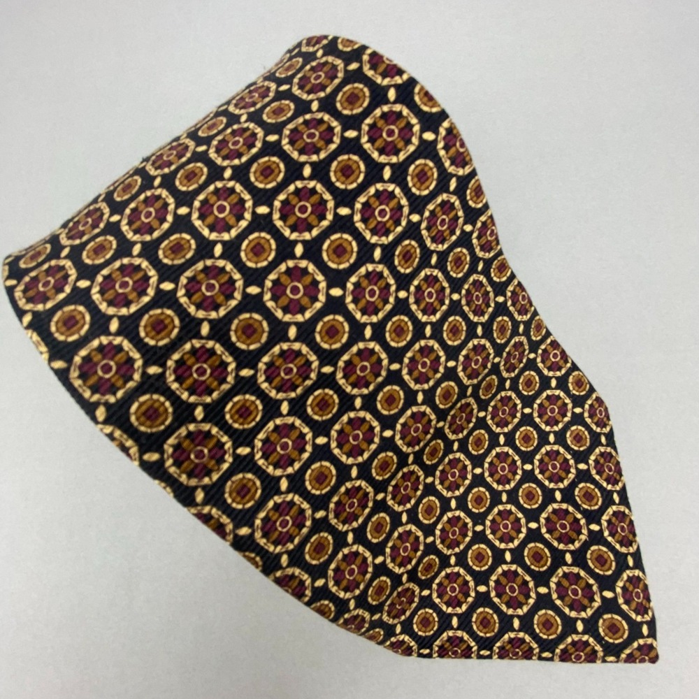 Harold Powell Mens Silk Tie Geometric‎ Medallion Gold Burgundy Black 57.5x4